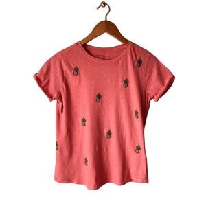 Lucky Brand Coral Embroidered Pineapple Tee Size Small